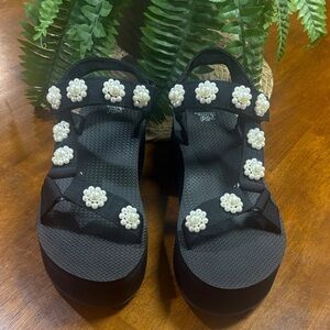 Black Sandals with Pearl Embellishments